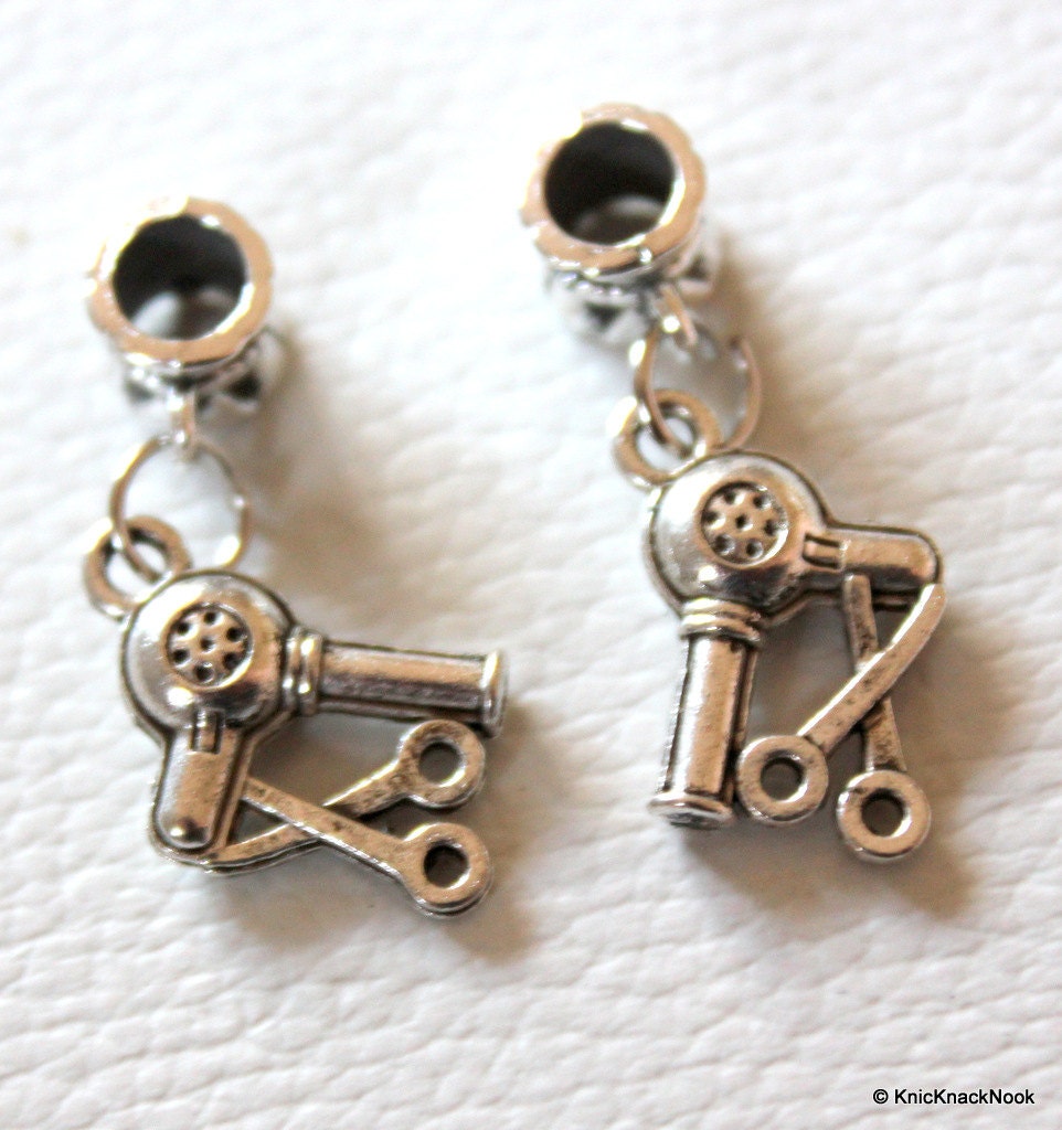 Tibetan Silver Hair Dryer and Scissors Dangle Bead / Charm x 2
