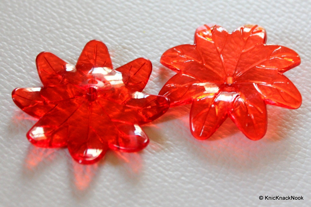 7 x Red Flower Transparent Acrylic Beads 3.8cm x 3.5cm
