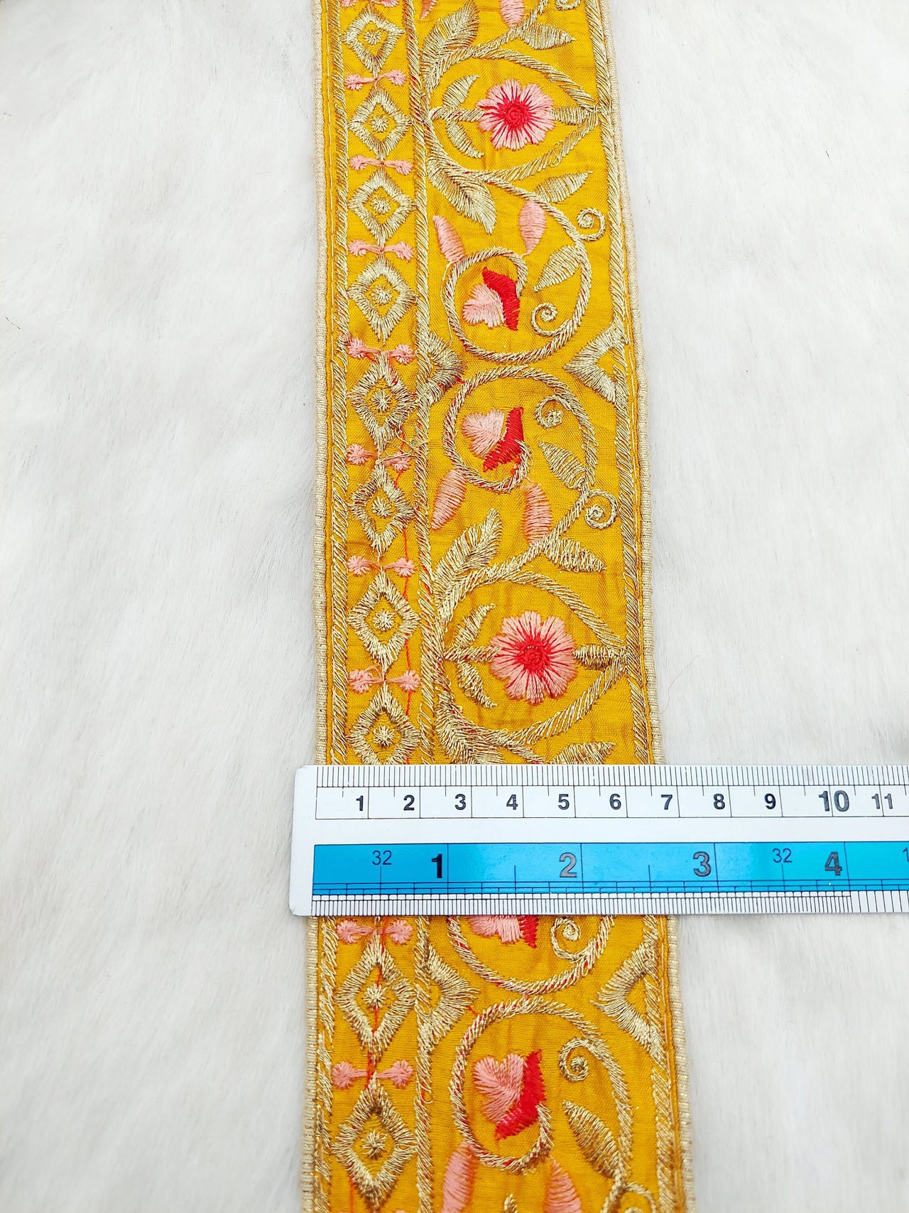 Mustard Yellow Art Silk Trim In Gold Floral Embroidery, Embroidered Flowers Border, Decorative Trim, Trim by Yard | 9 Yards