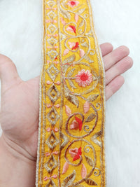 Thumbnail for Mustard Yellow Art Silk Trim In Gold Floral Embroidery, Embroidered Flowers Border, Decorative Trim, Trim by Yard | 9 Yards