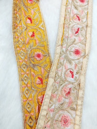 Thumbnail for Mustard Yellow Art Silk Trim In Gold Floral Embroidery, Embroidered Flowers Border, Decorative Trim, Trim by Yard | 9 Yards