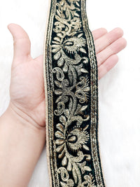 Thumbnail for Dark Green Velvet Trim In Gold Floral Embroidery, Trim By Yard | 9 Yards, Decorative Trimming, Embroidered Trim