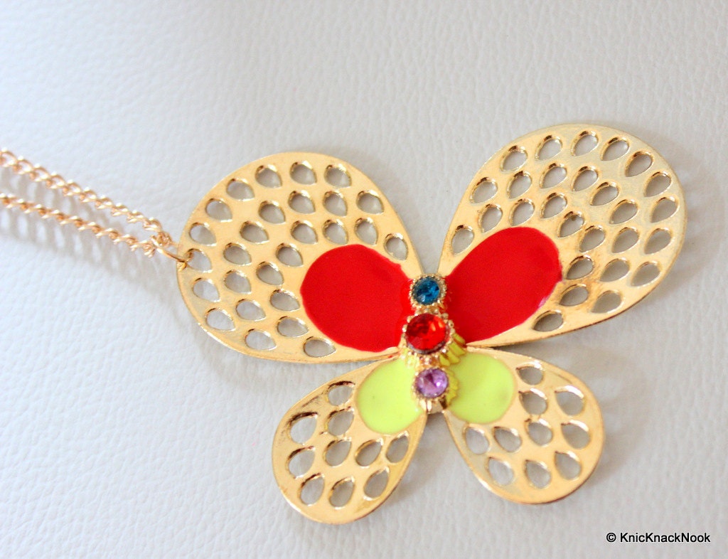 Gold, Red and Green Butterfly Pendant Necklace