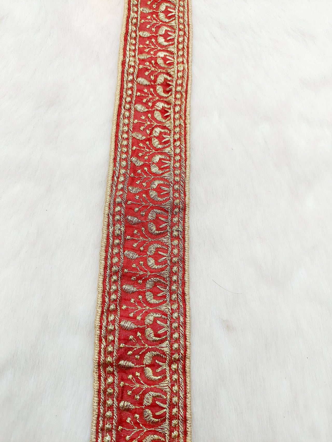 Red Art Silk Trim In Gold Floral Embroidery, Embroidered Flowers Border, Approx. 50mm wide, Decorative Trim, Trim by Yard |9 Yards
