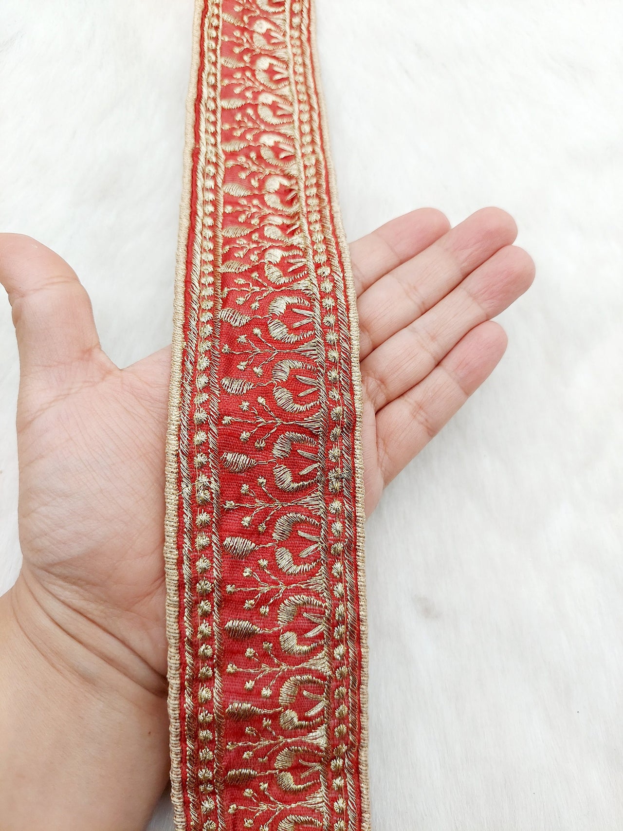 Red Art Silk Trim In Gold Floral Embroidery, Embroidered Flowers Border, Approx. 50mm wide, Decorative Trim, Trim by Yard |9 Yards
