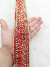 Thumbnail for Red Art Silk Trim In Gold Floral Embroidery, Embroidered Flowers Border, Approx. 50mm wide, Decorative Trim, Trim by Yard |9 Yards