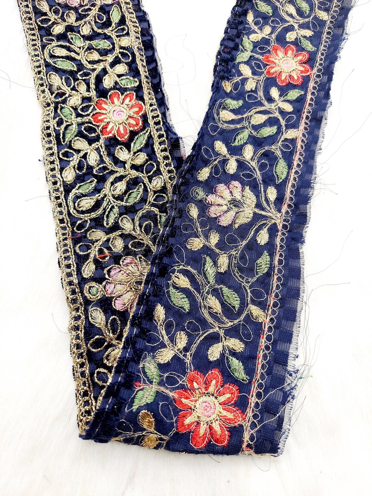 Navy Blue Chequered Velvet Trim In Gold Floral Embroidery, Gota Patti Edging Trim, Trim By Yard Decorative Trimming, Embroidered Trim