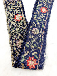 Thumbnail for Navy Blue Chequered Velvet Trim In Gold Floral Embroidery, Gota Patti Edging Trim, Trim By Yard Decorative Trimming, Embroidered Trim