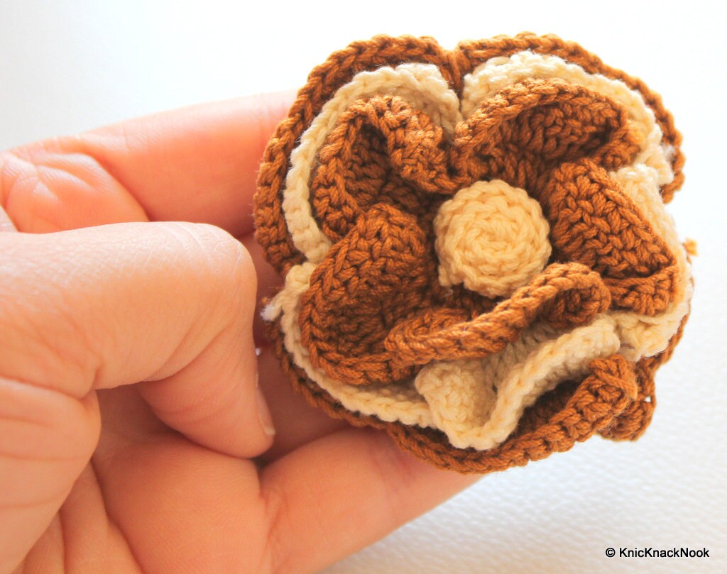 Brown and Beige Crochet Flower Applique x 1