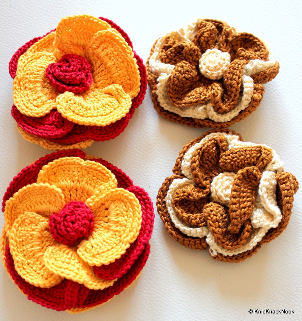 Yellow and Maroon / Red Crochet Flower Applique x 1