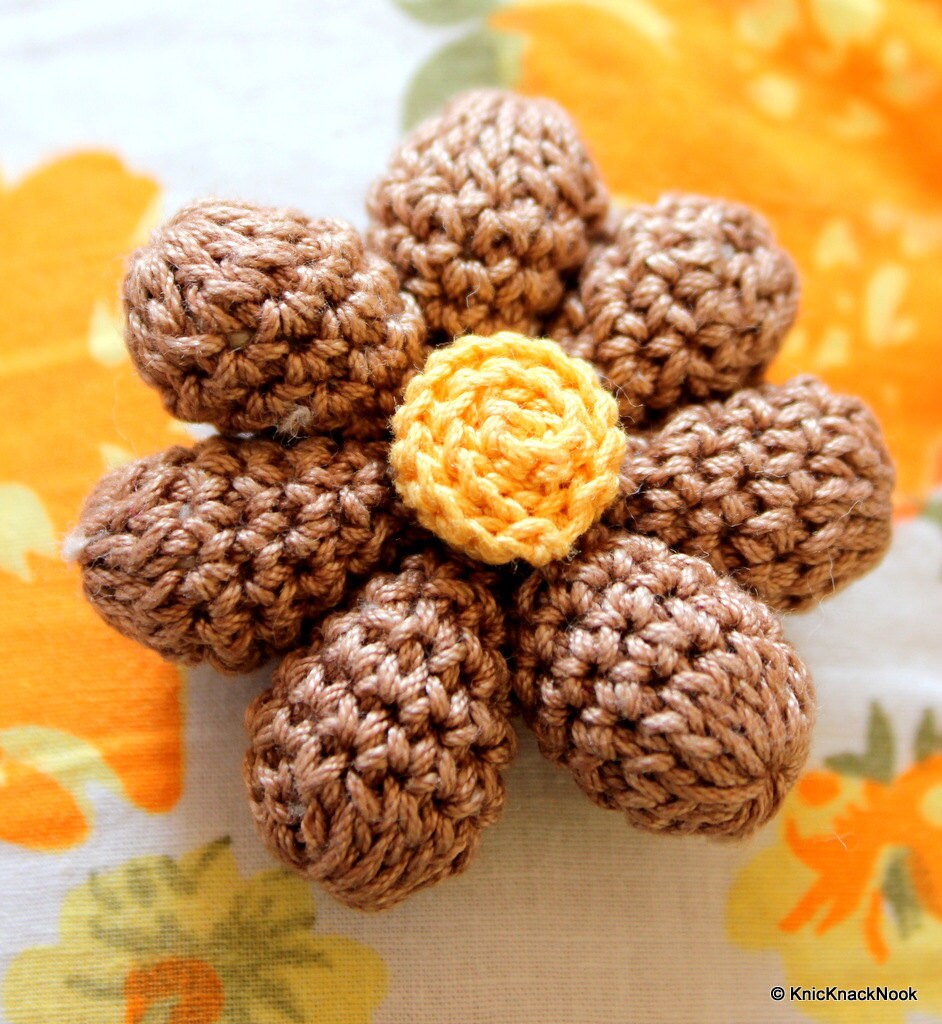 Brown and Yellow Crochet Flower Appliqué x 2