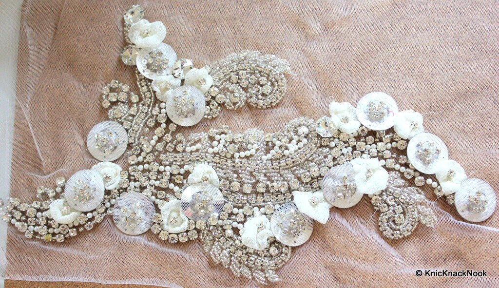 Faux Swarovski Crystal, Pearl, Silver Beaded Applique Wedding Bridal Accessories