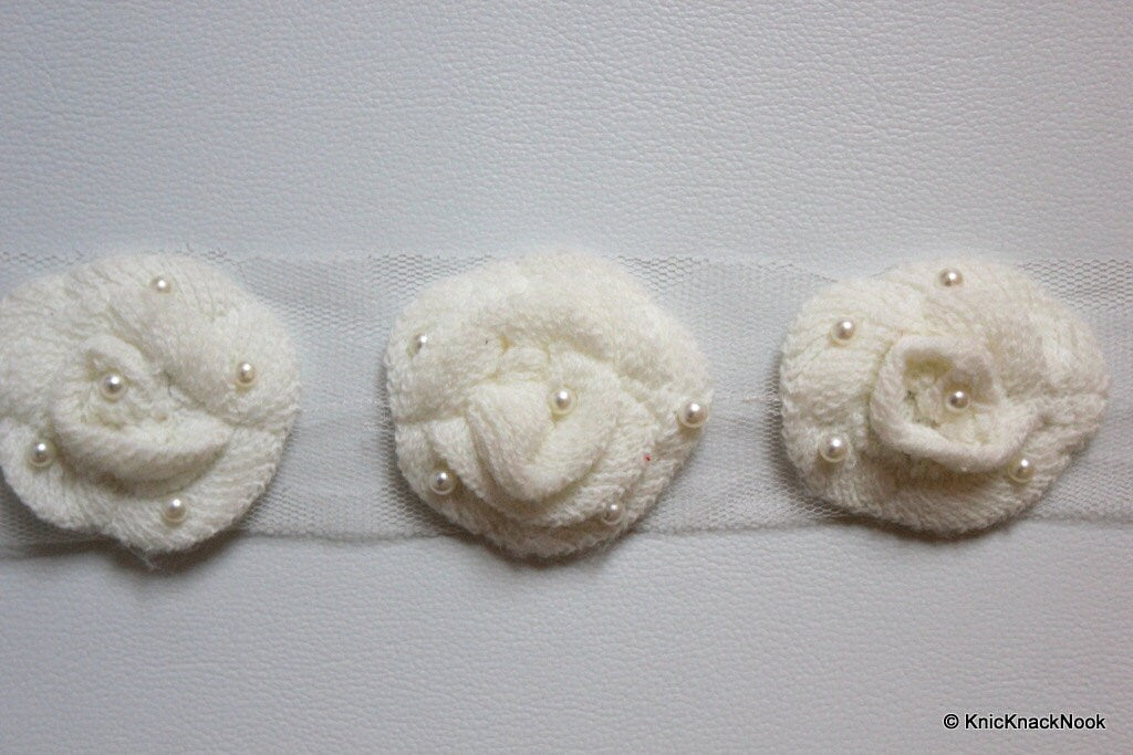 White Crochet Wool Rose Flower With Pearl Studs Appliqué x 2