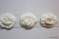 Thumbnail for White Crochet Wool Rose Flower With Pearl Studs Appliqué x 2