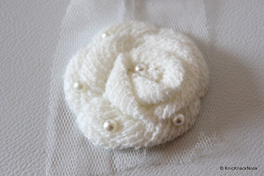 White Crochet Wool Rose Flower With Pearl Studs Appliqué x 2