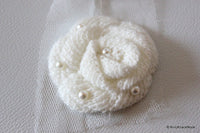 Thumbnail for White Crochet Wool Rose Flower With Pearl Studs Appliqué x 2