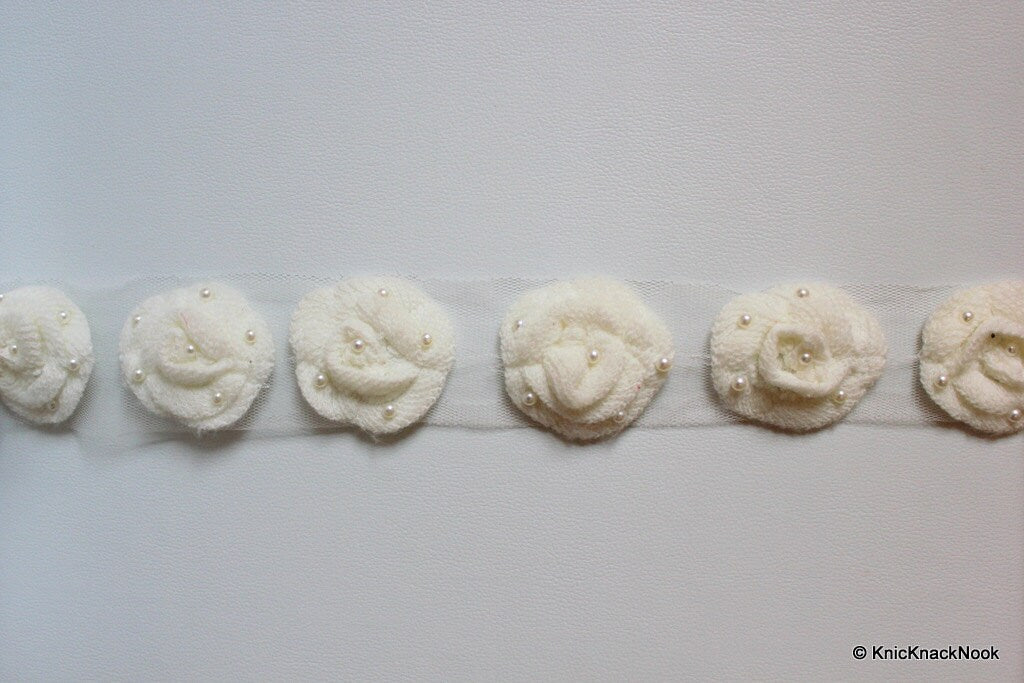 White Crochet Wool Rose Flower With Pearl Studs Appliqué x 2