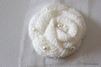 Thumbnail for White Crochet Wool Rose Flower With Pearl Studs Appliqué x 2