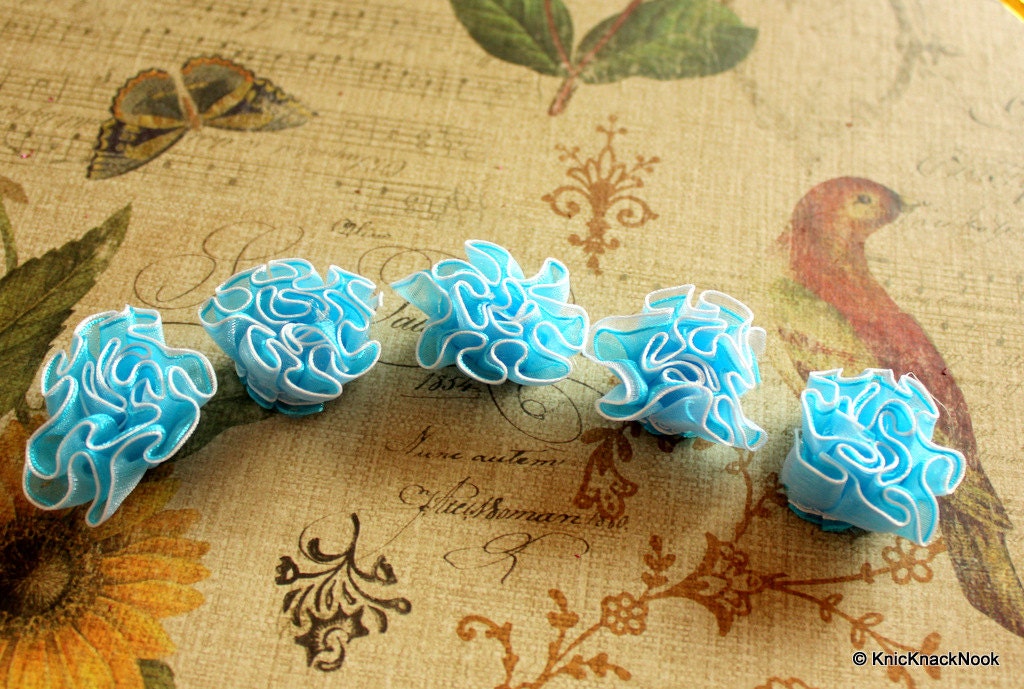 Organza Ribbon Blue and White Carnation Flower Appliques/ Crafts/ Wedding Decoration x 5