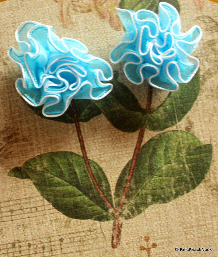 Organza Ribbon Blue and White Carnation Flower Appliques/ Crafts/ Wedding Decoration x 5