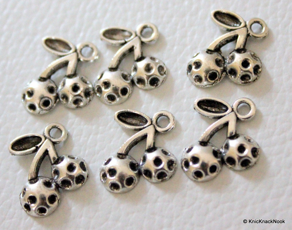 6 x Cherry Fruit Silver Tone Charms 15mmx14mm