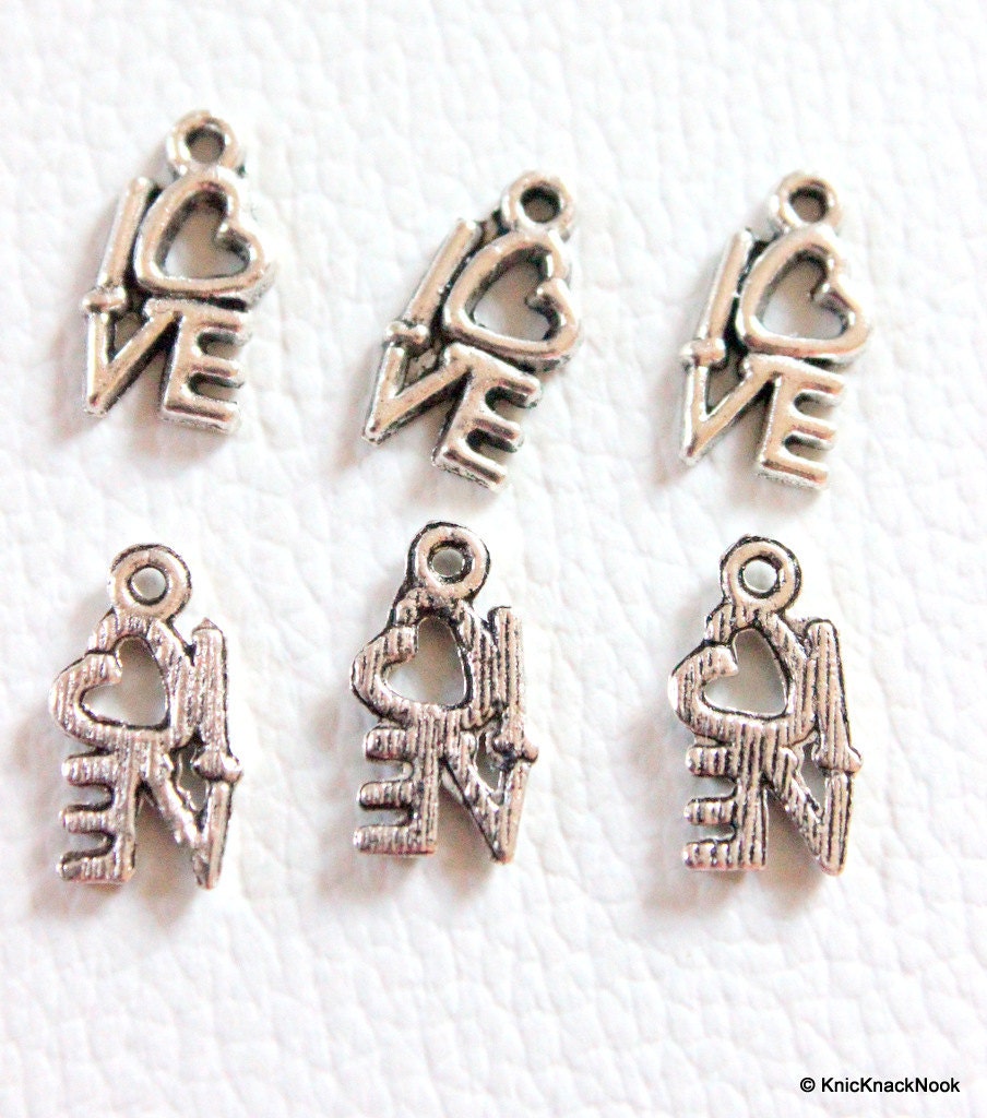 6 x Heart 'I Love' Zinc Alloy Silver Tone Charms