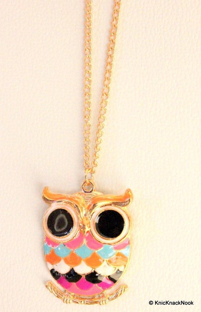 Owl Sitting On A Branch Gold And Multicoloured Pendant Necklace