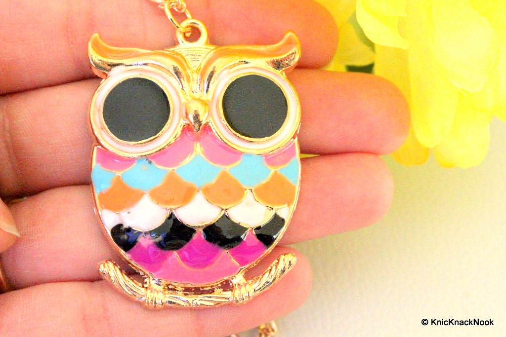 Owl Sitting On A Branch Gold And Multicoloured Pendant Necklace