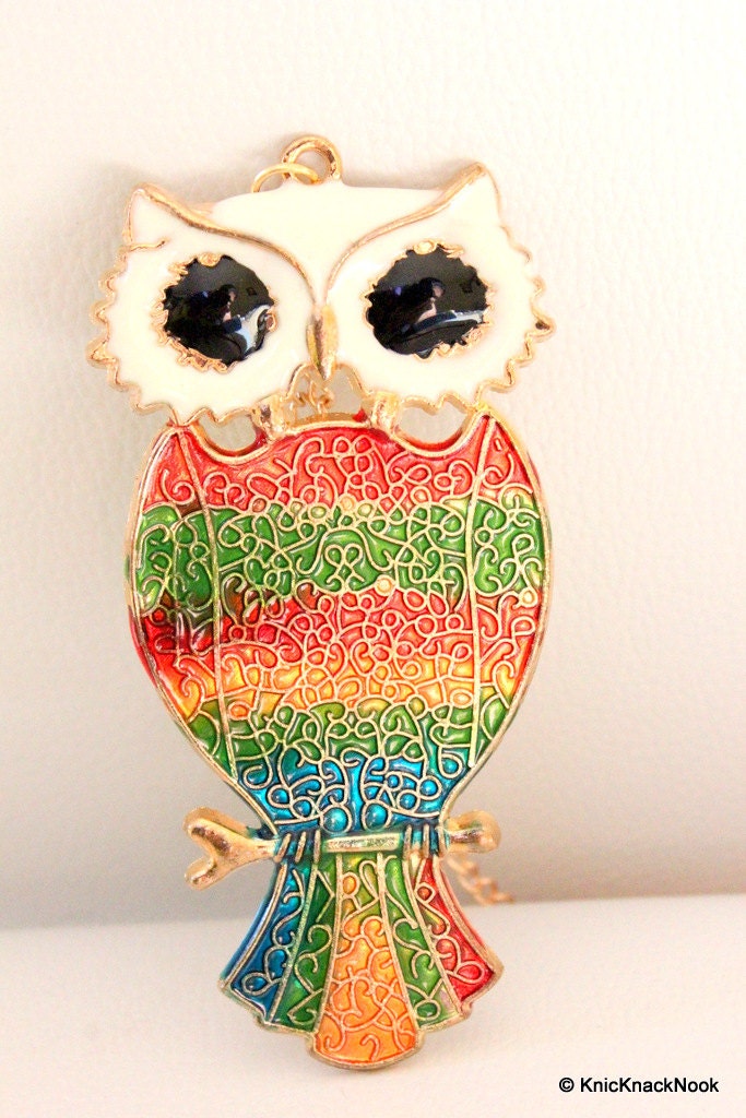 Stunning Owl Gold and Multicoloured Large Pendant Necklace