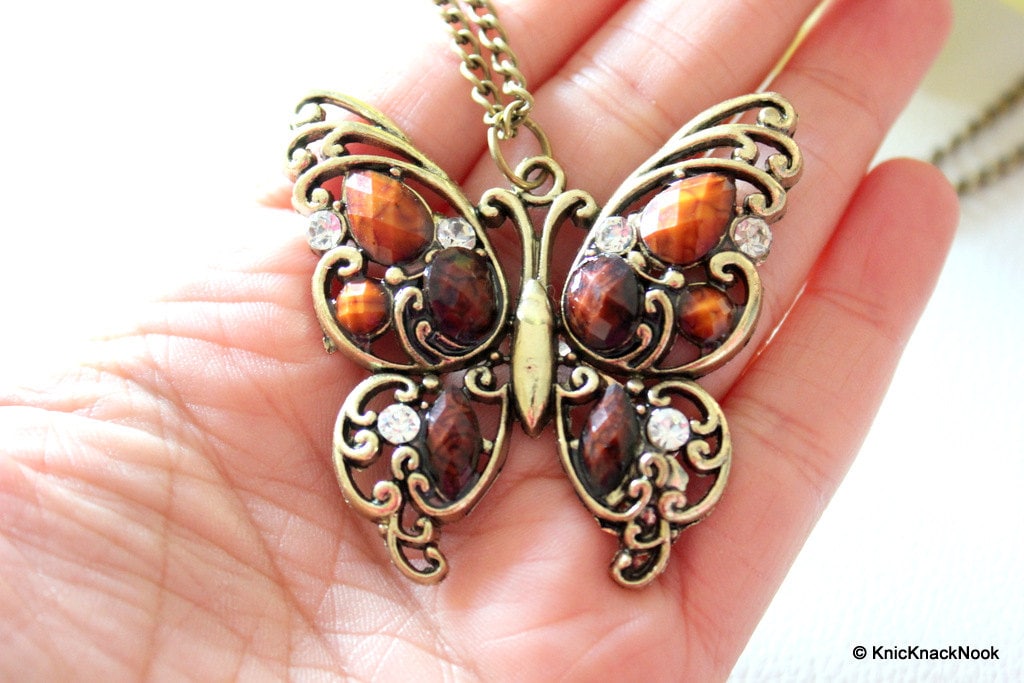 Butterfly Bronze Tone with Brown Facet Beads and Rhinestones Pendant Necklace