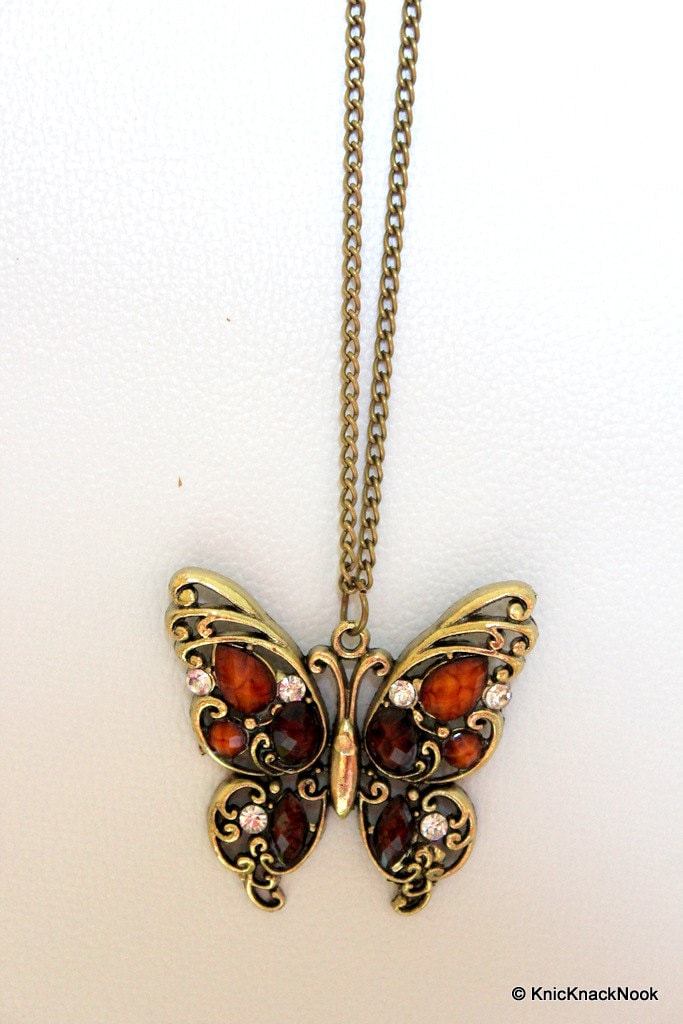 Butterfly Bronze Tone with Brown Facet Beads and Rhinestones Pendant Necklace