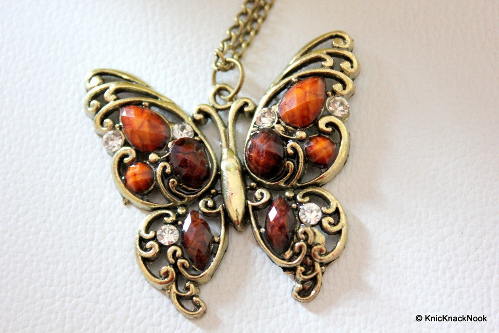 Butterfly Bronze Tone with Brown Facet Beads and Rhinestones Pendant Necklace