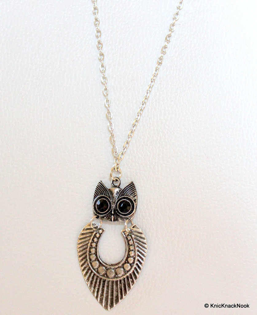 Tribal Antique silver tone Owl Pendant Necklace