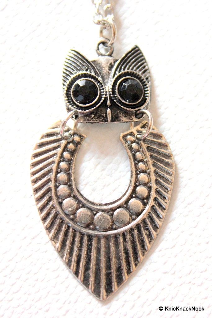 Tribal Antique silver tone Owl Pendant Necklace