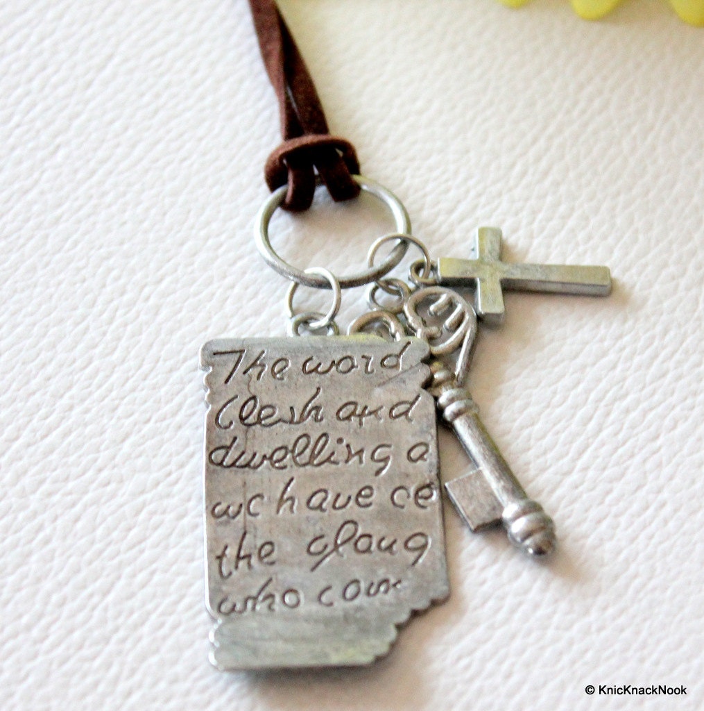 Shakespeare Message With Key And Cross Silver Pendant with Brown Necklace