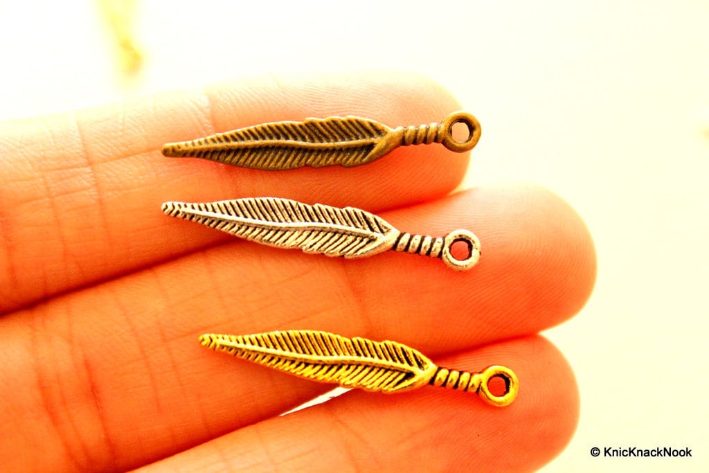 Feather Silver, Bronze And Gold Tone Charms x 12