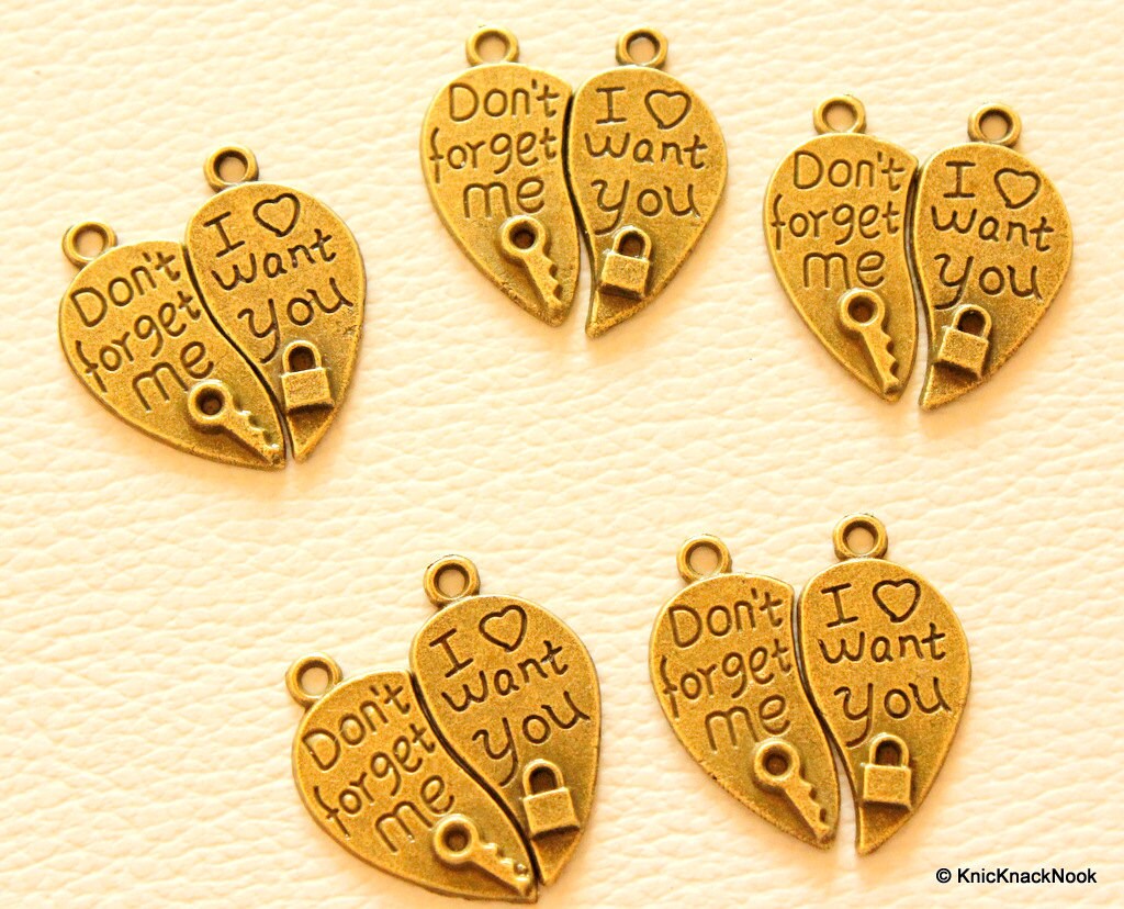 6 x Two pieces of a Heart 'Don't forget me', 'I want you' Bronze Tone Charms