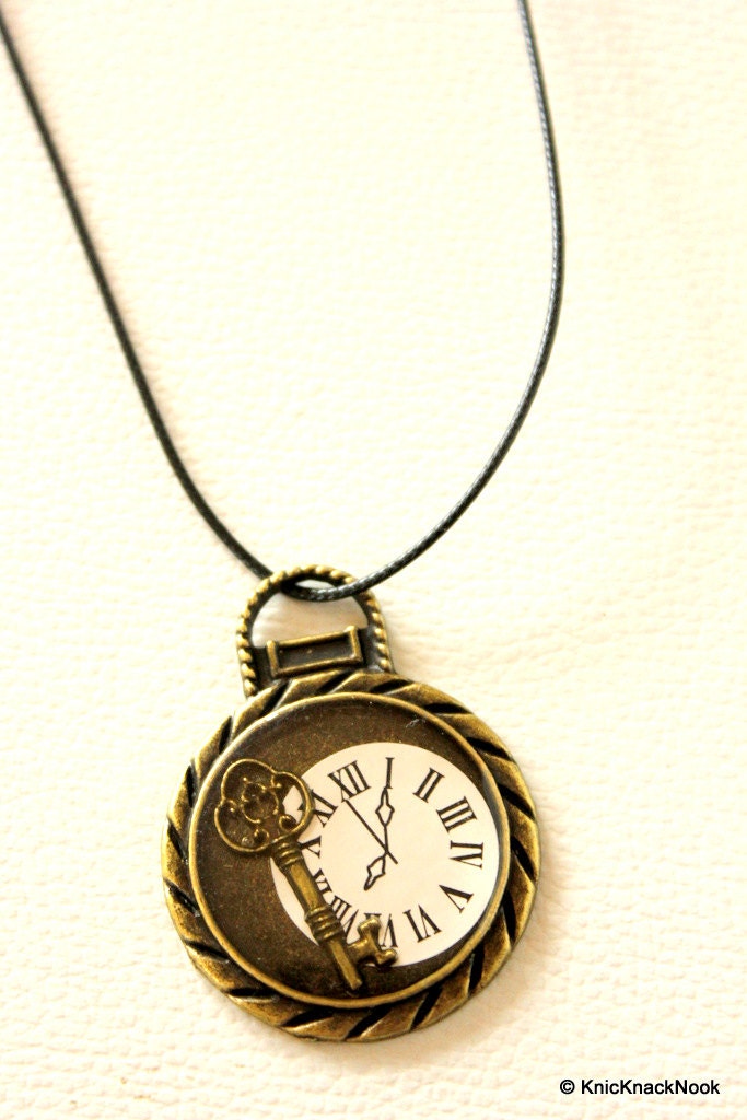 Bronzed Key Watch Necklace Pendant, Clock Pendant. Key Charm, Clock Pendant Charm