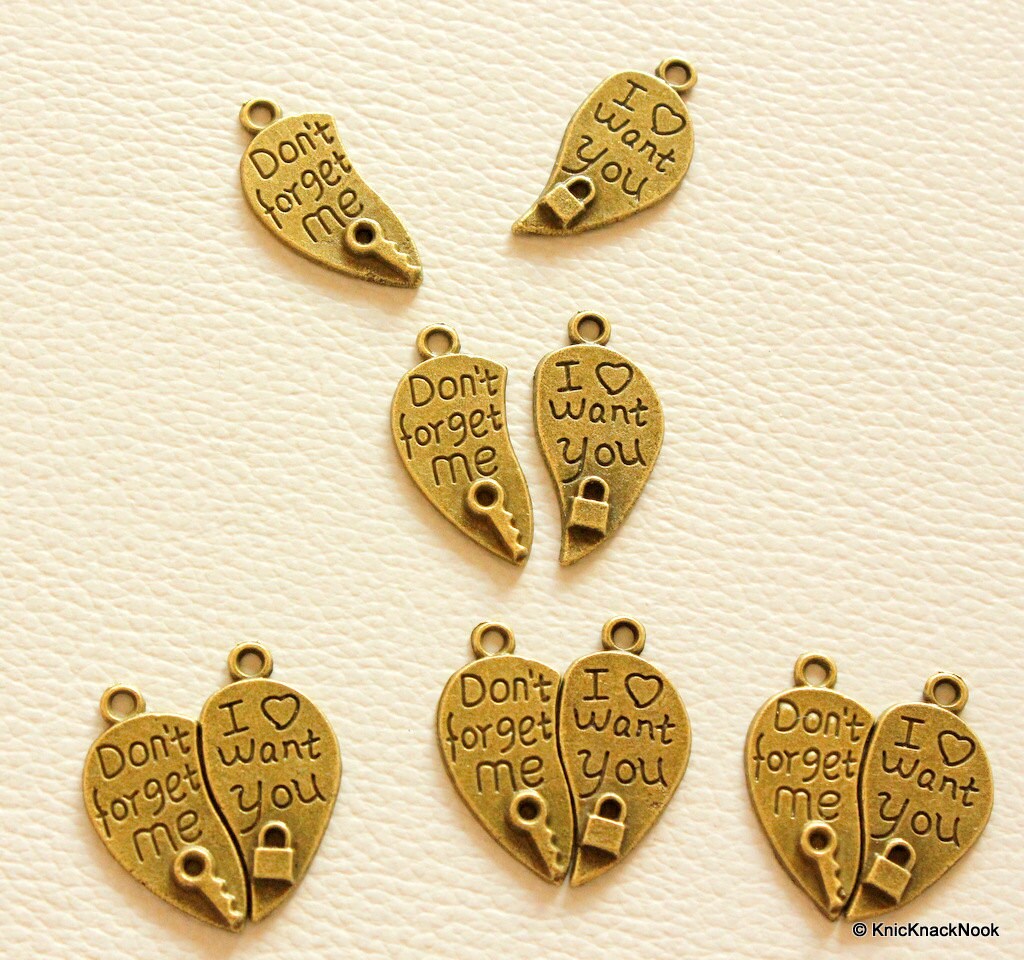 6 x Two pieces of a Heart 'Don't forget me', 'I want you' Bronze Tone Charms