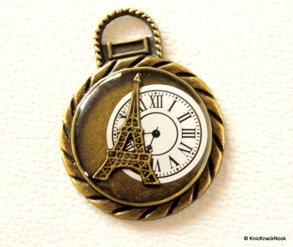 Bronzed Eiffel Tower Watch Necklace Pendant, Eiffel Tower Charm Pendant, Watch Clock Round Pendant
