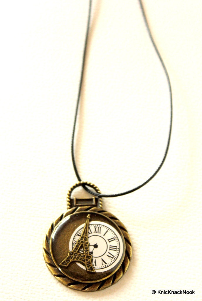 Bronzed Eiffel Tower Watch Necklace Pendant, Eiffel Tower Charm Pendant, Watch Clock Round Pendant