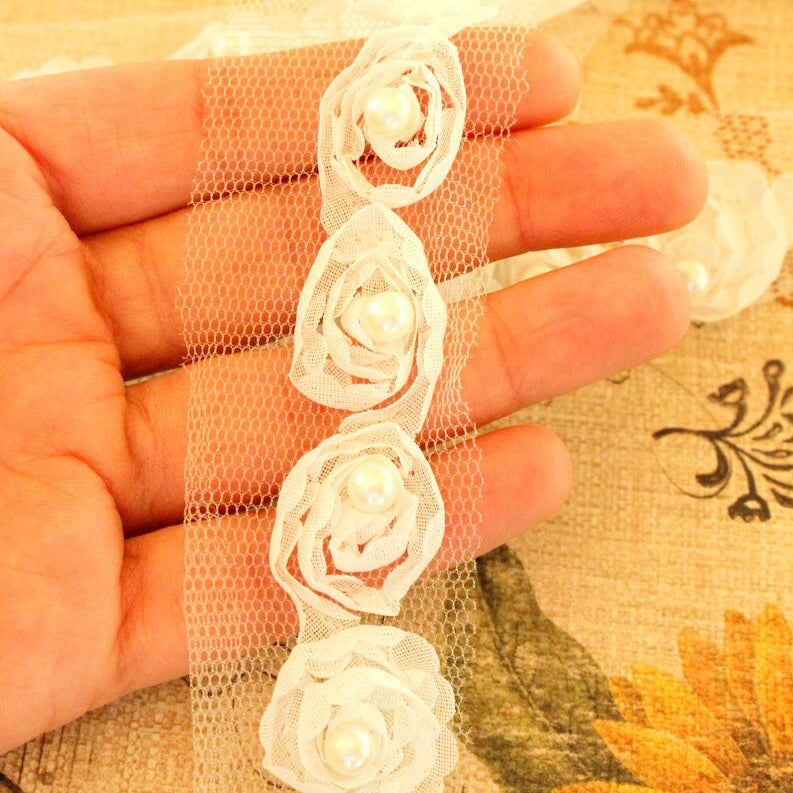 White Rose With Pearl Trim One Yard