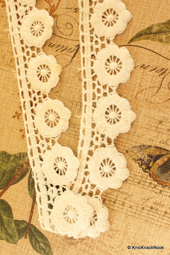 Off White Embroidered Flower Lace Trim Ribbon Approx 32mm wide