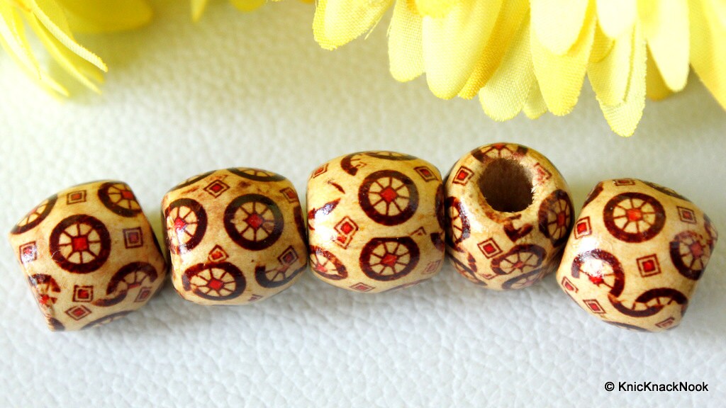 10 x Wood Drum Beads/ Spacers Painted Brown Wheel Design 17mm x 16mm