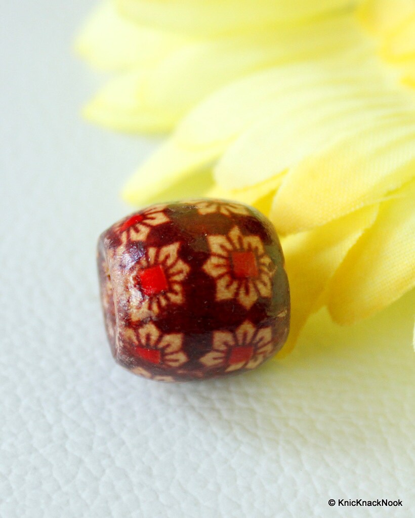 10 x Wood Drum Beads/ Spacers Painted Brown Flower Design 17mm x 16mm