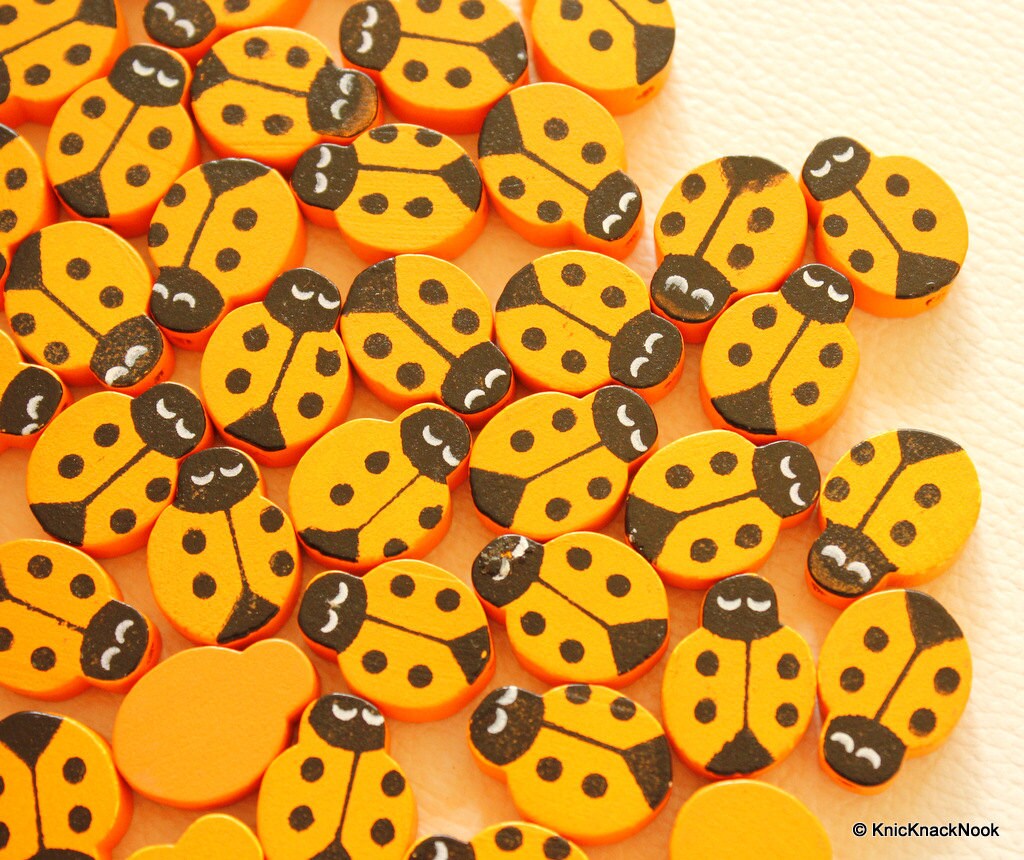 Orange Ladybug Wood Beads x 10
