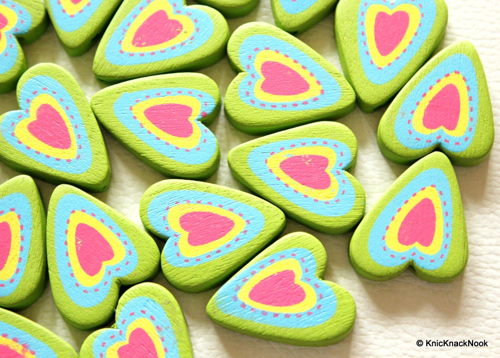 Green, Blue, Yellow And Pink Heart Wood Beads x 5