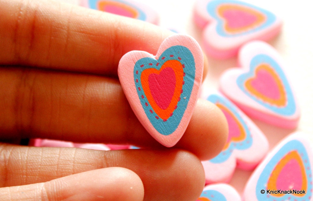 Pink, Blue, Orange And Fuchsia Heart Wood Beads x 5