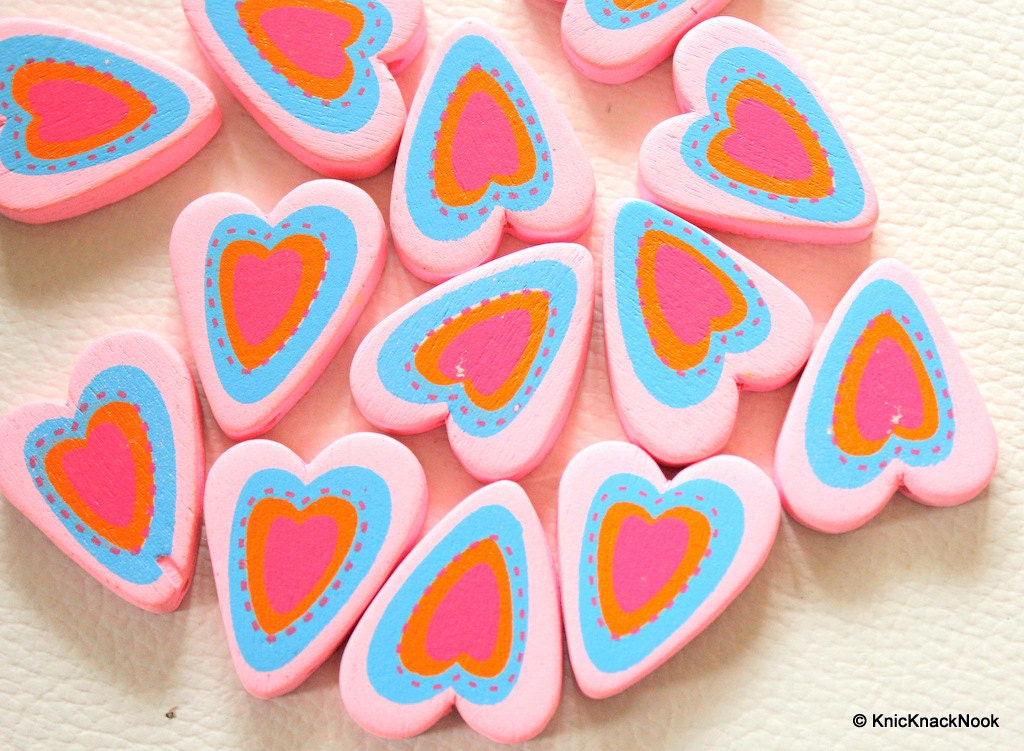Pink, Blue, Orange And Fuchsia Heart Wood Beads x 5