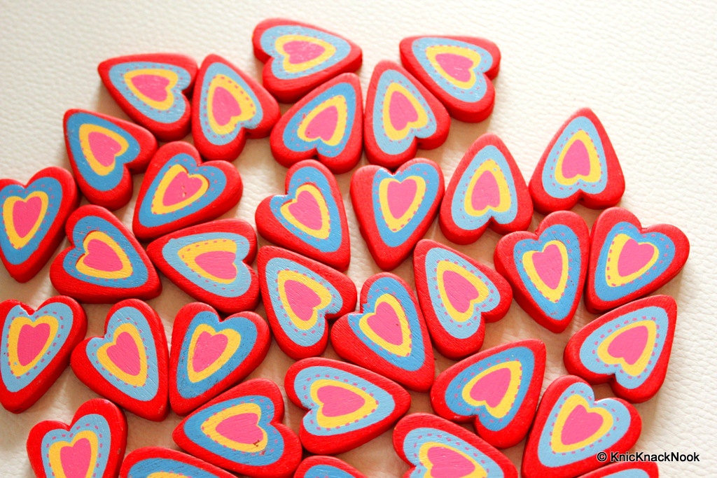 Red, Blue, Yellow And Fuchsia Heart Wood Beads x 5